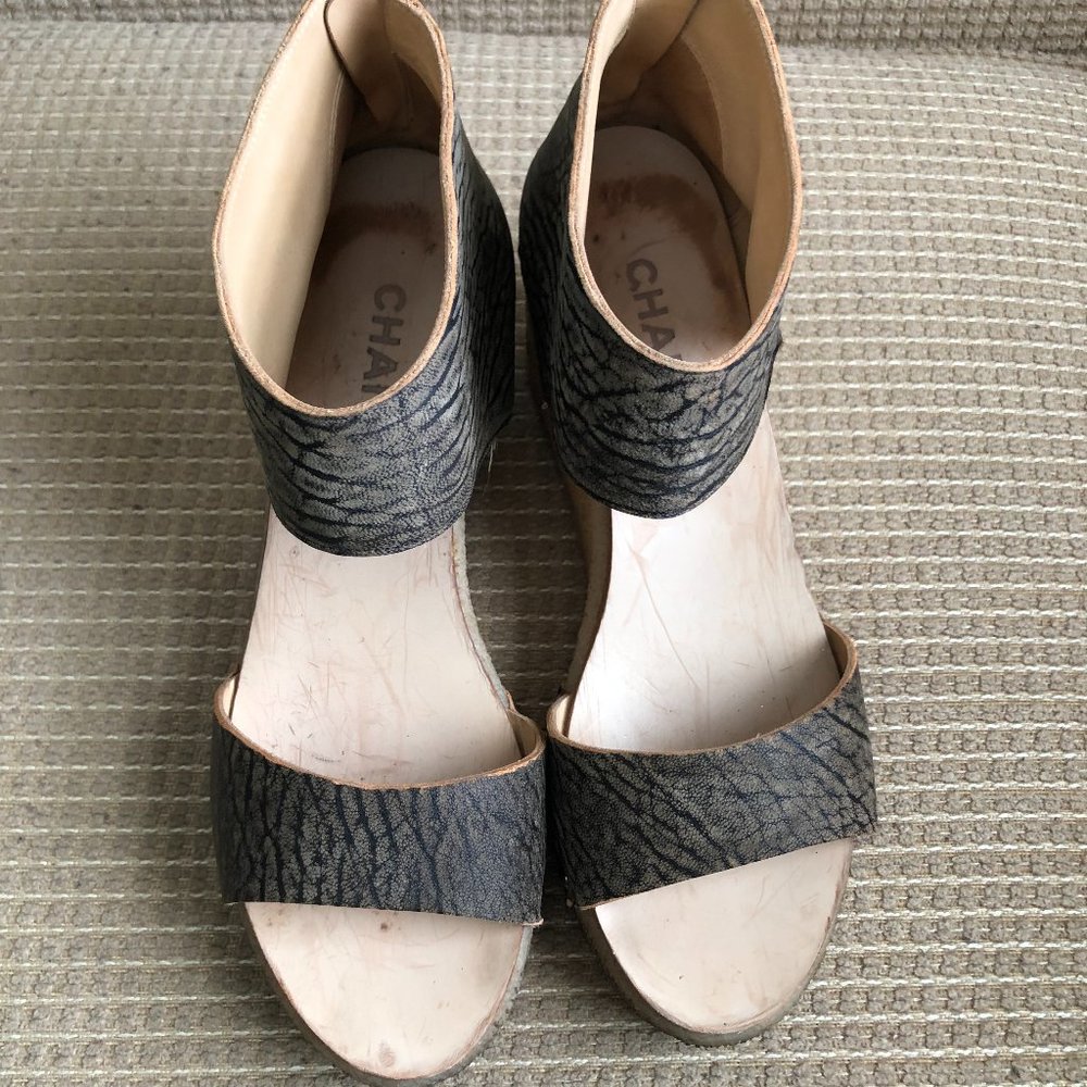 Chanel Women's Gray/Black Animal Print Leather Wedge Sandals. - Picture 4 of 13